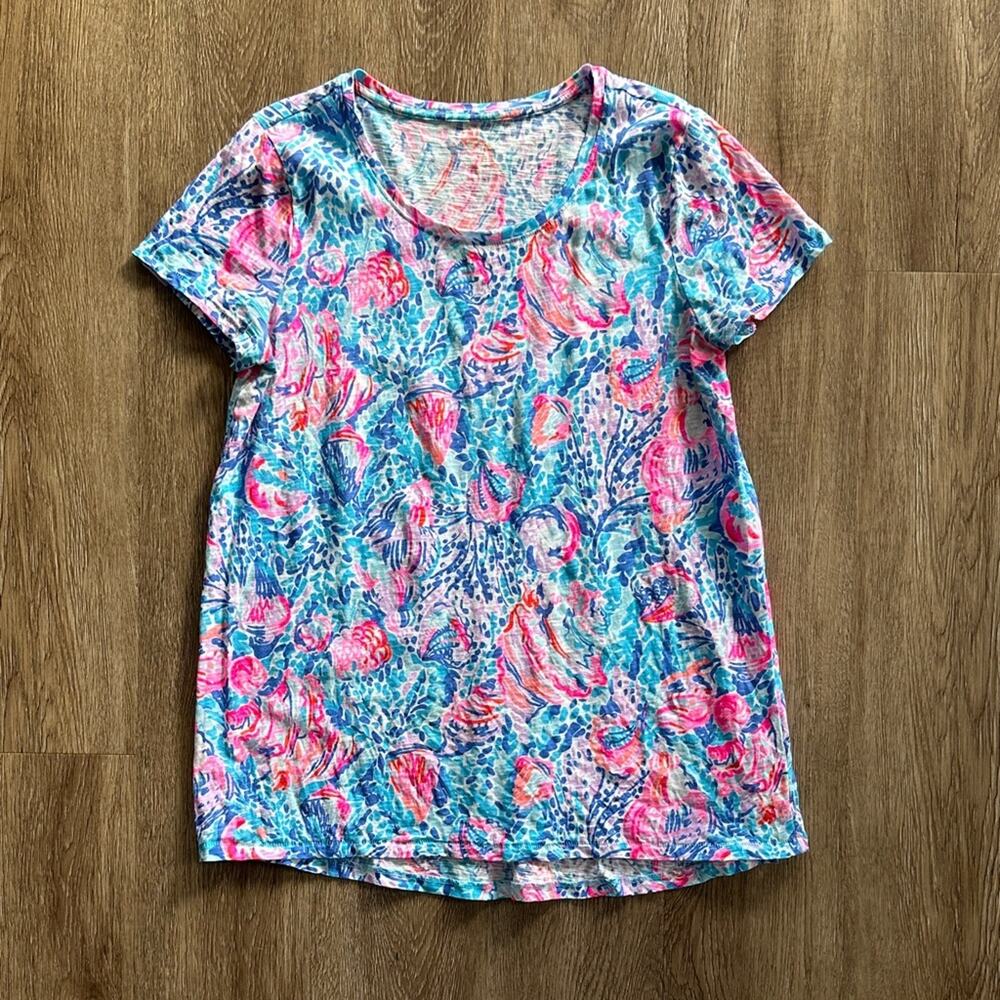 Lilly Pulitzer Etta Scoop Neck Short Sleeve Top Multi Treasure Trove XS Cotton